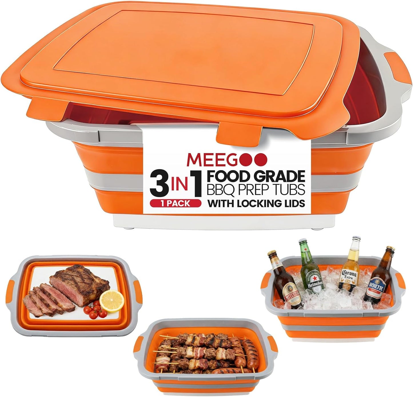BBQ Prep Tub,16L Collapsible Cutting Board with Locking Lid for BBQ | Foldable Marinating Basin, Leak-Resistant Edges, Space-Saving Storage For Camping,Picnic,Tailgate,RV,Backyard Grilling
