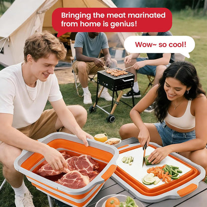 BBQ Prep Tub,16L Collapsible Cutting Board with Locking Lid for BBQ | Foldable Marinating Basin, Leak-Resistant Edges, Space-Saving Storage For Camping,Picnic,Tailgate,RV,Backyard Grilling