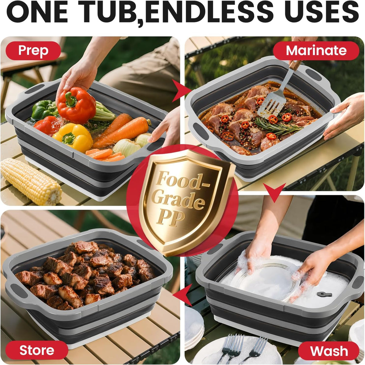 BBQ Prep Tub,16L Collapsible Cutting Board with Locking Lid for BBQ | Foldable Marinating Basin, Leak-Resistant Edges, Space-Saving Storage For Camping,Picnic,Tailgate,RV,Backyard Grilling