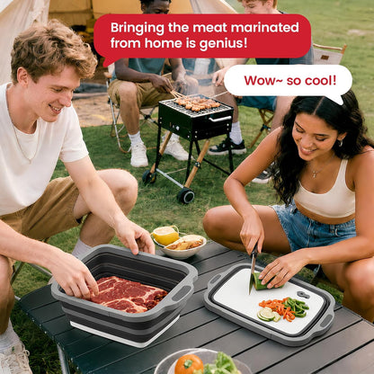 BBQ Prep Tub,16L Collapsible Cutting Board with Locking Lid for BBQ | Foldable Marinating Basin, Leak-Resistant Edges, Space-Saving Storage For Camping,Picnic,Tailgate,RV,Backyard Grilling