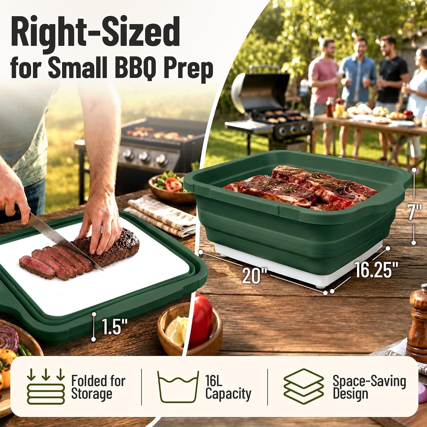 BBQ Prep Tub,16L Collapsible Cutting Board with Locking Lid for BBQ | Foldable Marinating Basin, Leak-Resistant Edges, Space-Saving Storage For Camping,Picnic,Tailgate,RV,Backyard Grilling