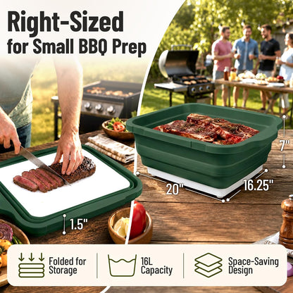 BBQ Prep Tub,16L Collapsible Cutting Board with Locking Lid for BBQ | Foldable Marinating Basin, Leak-Resistant Edges, Space-Saving Storage For Camping,Picnic,Tailgate,RV,Backyard Grilling