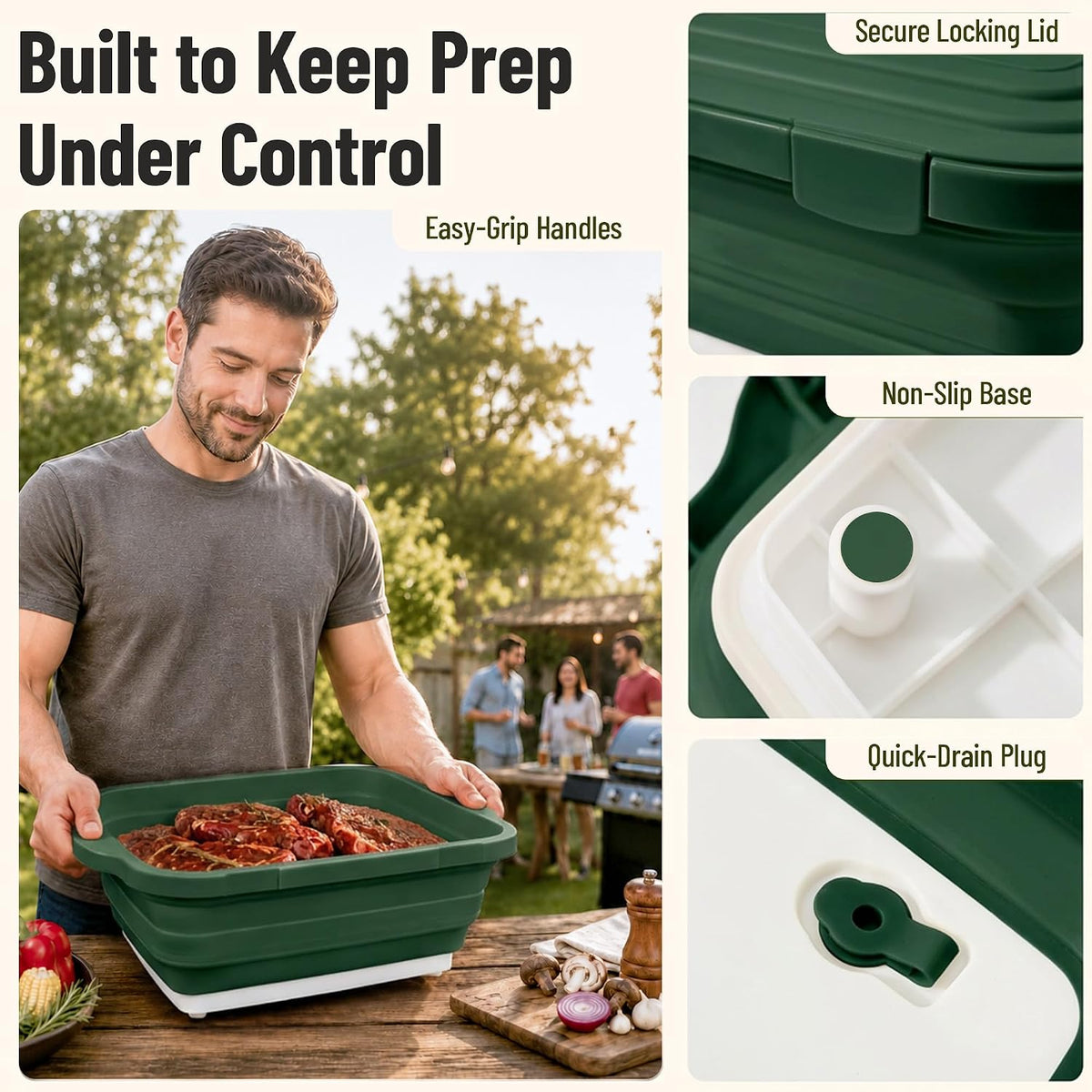 BBQ Prep Tub,16L Collapsible Cutting Board with Locking Lid for BBQ | Foldable Marinating Basin, Leak-Resistant Edges, Space-Saving Storage For Camping,Picnic,Tailgate,RV,Backyard Grilling