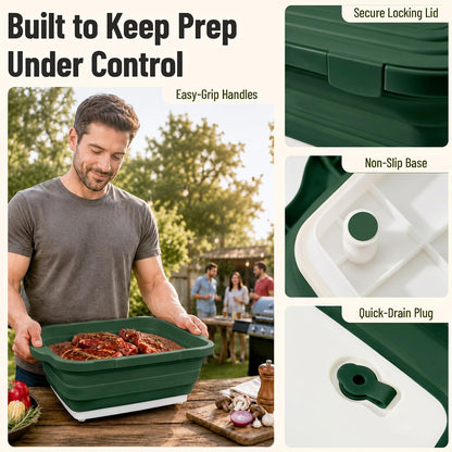 BBQ Prep Tub,16L Collapsible Cutting Board with Locking Lid for BBQ | Foldable Marinating Basin, Leak-Resistant Edges, Space-Saving Storage For Camping,Picnic,Tailgate,RV,Backyard Grilling