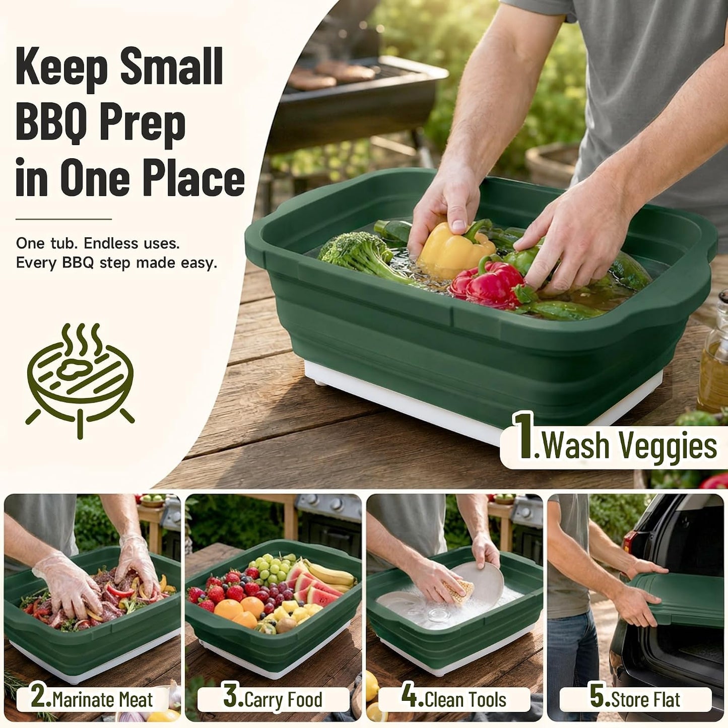 BBQ Prep Tub,16L Collapsible Cutting Board with Locking Lid for BBQ | Foldable Marinating Basin, Leak-Resistant Edges, Space-Saving Storage For Camping,Picnic,Tailgate,RV,Backyard Grilling