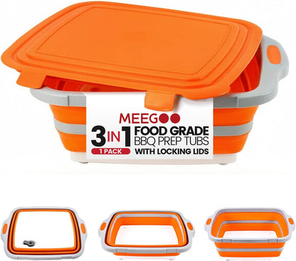 BBQ Prep Tub,16L Collapsible Cutting Board with Locking Lid for BBQ | Foldable Marinating Basin, Leak-Resistant Edges, Space-Saving Storage For Camping,Picnic,Tailgate,RV,Backyard Grilling