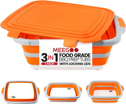 BBQ Prep Tub,16L Collapsible Cutting Board with Locking Lid for BBQ | Foldable Marinating Basin, Leak-Resistant Edges, Space-Saving Storage For Camping,Picnic,Tailgate,RV,Backyard Grilling