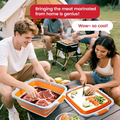 BBQ Prep Tub,16L Collapsible Cutting Board with Locking Lid for BBQ | Foldable Marinating Basin, Leak-Resistant Edges, Space-Saving Storage For Camping,Picnic,Tailgate,RV,Backyard Grilling