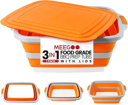 BBQ Prep Tub,16L Collapsible Cutting Board with Locking Lid for BBQ | Foldable Marinating Basin, Leak-Resistant Edges, Space-Saving Storage For Camping,Picnic,Tailgate,RV,Backyard Grilling