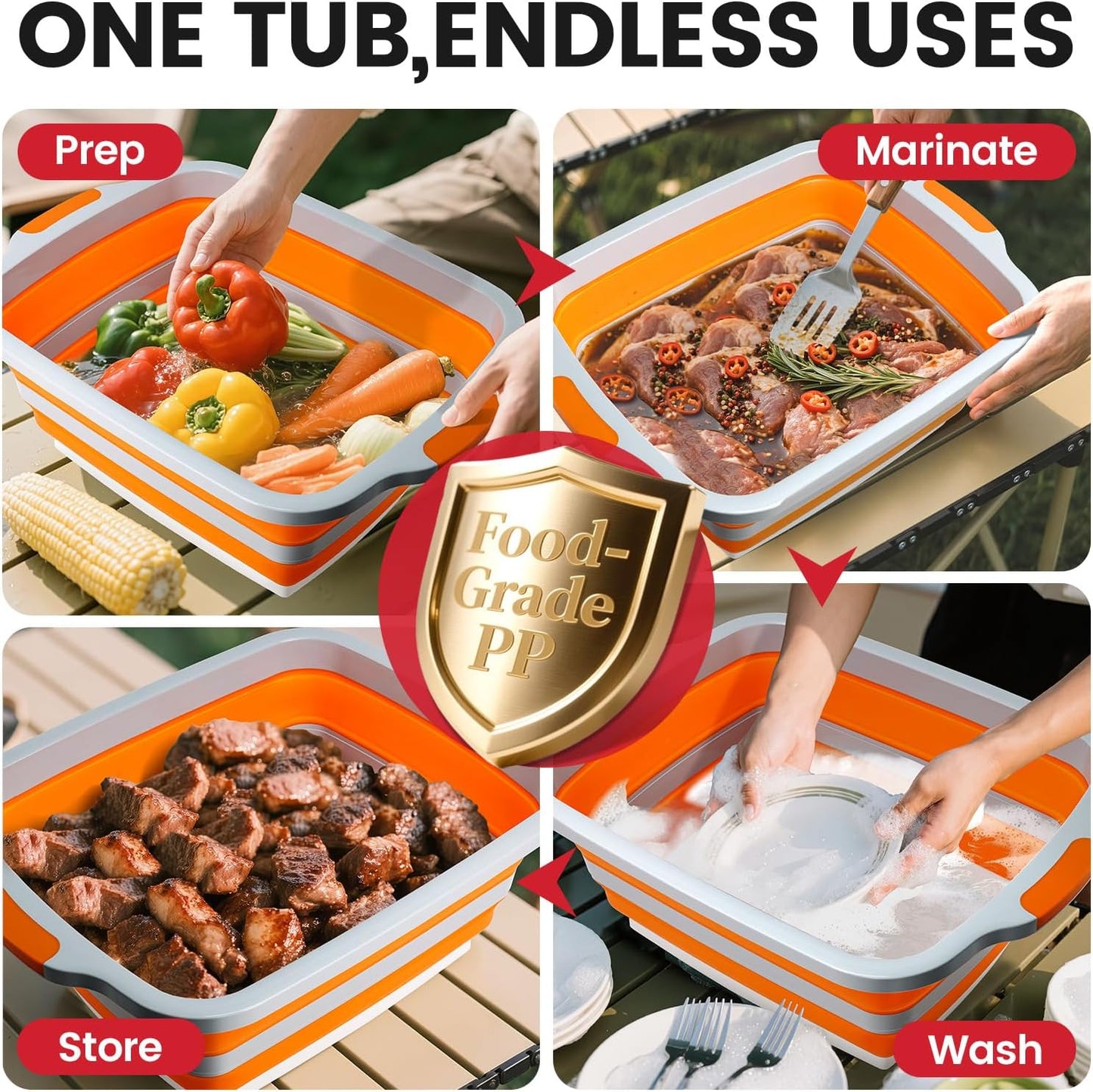 BBQ Prep Tub,16L Collapsible Cutting Board with Locking Lid for BBQ | Foldable Marinating Basin, Leak-Resistant Edges, Space-Saving Storage For Camping,Picnic,Tailgate,RV,Backyard Grilling