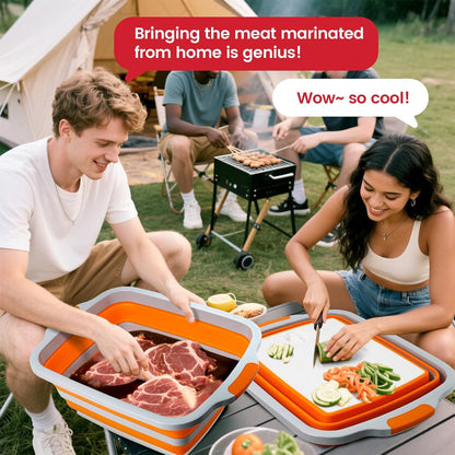 BBQ Prep Tub,16L Collapsible Cutting Board with Locking Lid for BBQ | Foldable Marinating Basin, Leak-Resistant Edges, Space-Saving Storage For Camping,Picnic,Tailgate,RV,Backyard Grilling