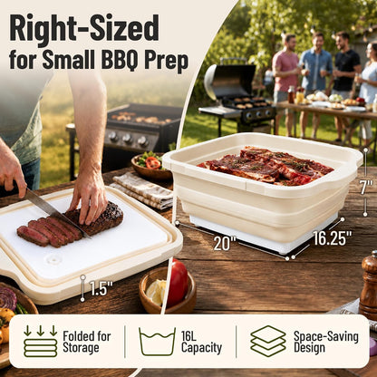 BBQ Prep Tub,16L Collapsible Cutting Board with Locking Lid for BBQ | Foldable Marinating Basin, Leak-Resistant Edges, Space-Saving Storage For Camping,Picnic,Tailgate,RV,Backyard Grilling