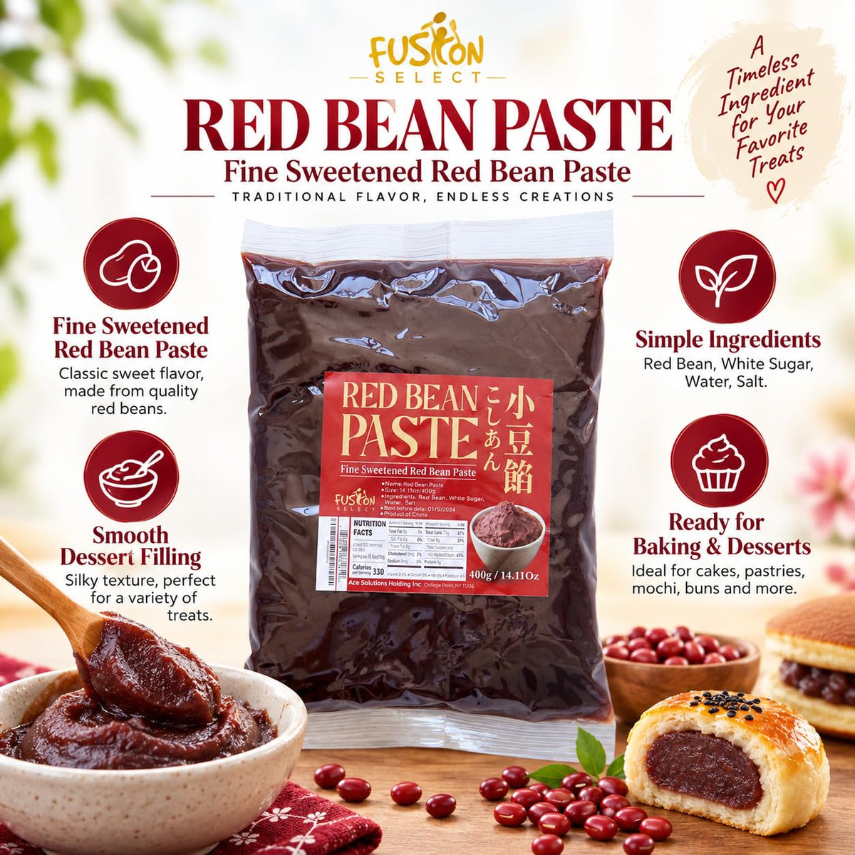 Red Bean Paste - Fine Sweetened Adzuki Bean Paste for Desserts, Buns, Pastry Filling, Mochi - For Chinese, Japanese & Korean Foods - No Additives or Preservatives