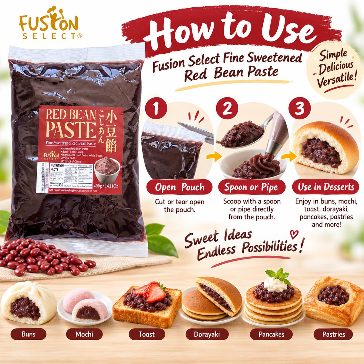 Red Bean Paste - Fine Sweetened Adzuki Bean Paste for Desserts, Buns, Pastry Filling, Mochi - For Chinese, Japanese & Korean Foods - No Additives or Preservatives