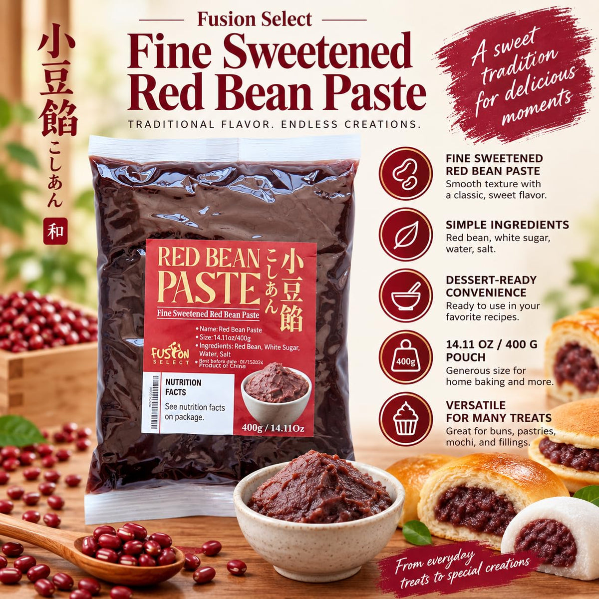 Red Bean Paste - Fine Sweetened Adzuki Bean Paste for Desserts, Buns, Pastry Filling, Mochi - For Chinese, Japanese & Korean Foods - No Additives or Preservatives