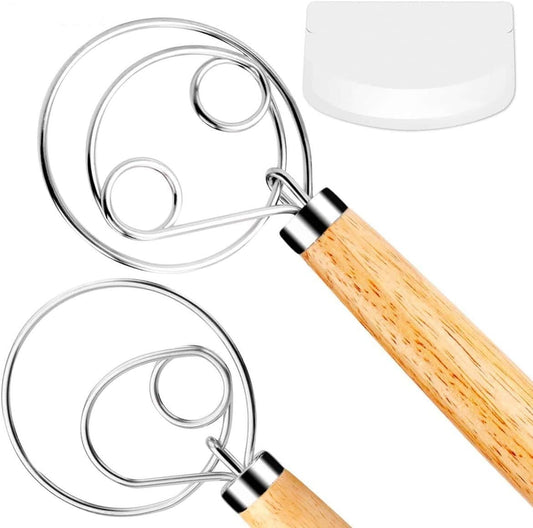 Danish Dough Whisk Bread Mixer 2 Pack | Premium Stainless Steel Dutch Whisk With a Dough Scraper for Bread, Pastry or Pizza Dough - Perfect Baking
