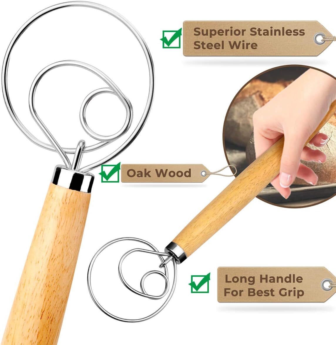 Danish Dough Whisk Bread Mixer 2 Pack | Premium Stainless Steel Dutch Whisk With a Dough Scraper for Bread, Pastry or Pizza Dough - Perfect Baking