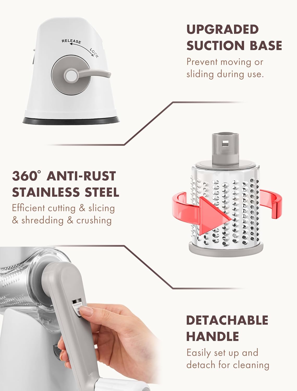 Upgraded 5 in 1 Rotary Cheese Grater, Cheese Shredder Vegetable Slicer | 5 Stainless Steel Blades, Non-slip suction base, No BPA, Dishwasher Safe, Wavy Slicing, 12x Faster for Veggie, nut, ice