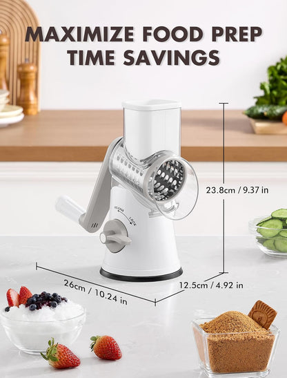 Upgraded 5 in 1 Rotary Cheese Grater, Cheese Shredder Vegetable Slicer | 5 Stainless Steel Blades, Non-slip suction base, No BPA, Dishwasher Safe, Wavy Slicing, 12x Faster for Veggie, nut, ice