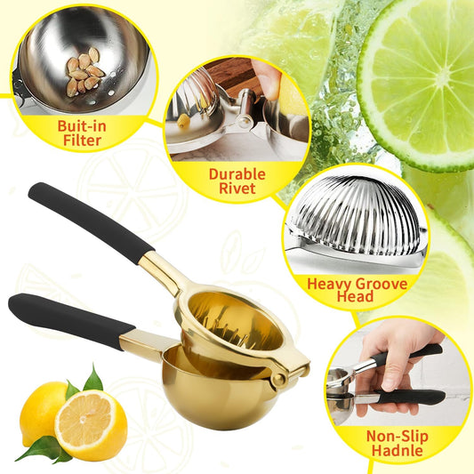 Stainless Steel Lemon Squeezer Heavy Duty Manual Citrus Juicer Gold | Rustproof & BPA-Free,Max Juice Extraction for Lemons Limes Oranges and No Seeds, Dishwasher Safe,Ergonomic Non-Slip Handles
