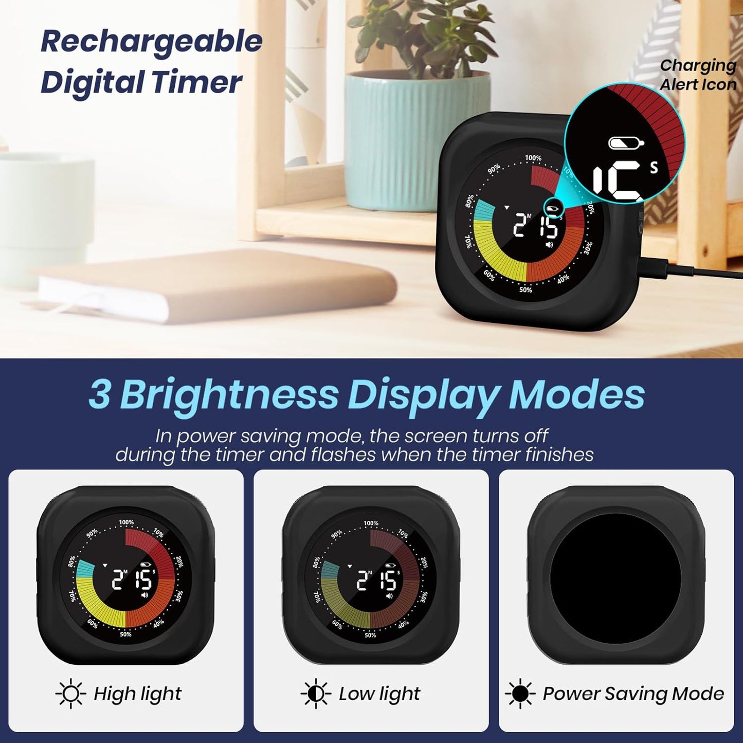 Visual Timer for Kids, Rechargeable 10-Hour Countdown/Up Timer | with 3 Volume Levels, 3 Brightness Display, and Magnetic, Homeschool Study Tool, Large Digital Timers for Classroom, Kitchen