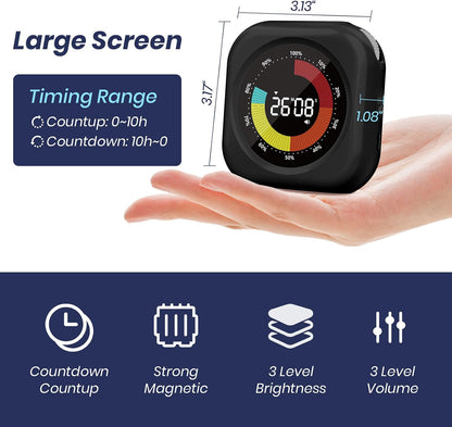 Visual Timer for Kids, Rechargeable 10-Hour Countdown/Up Timer | with 3 Volume Levels, 3 Brightness Display, and Magnetic, Homeschool Study Tool, Large Digital Timers for Classroom, Kitchen