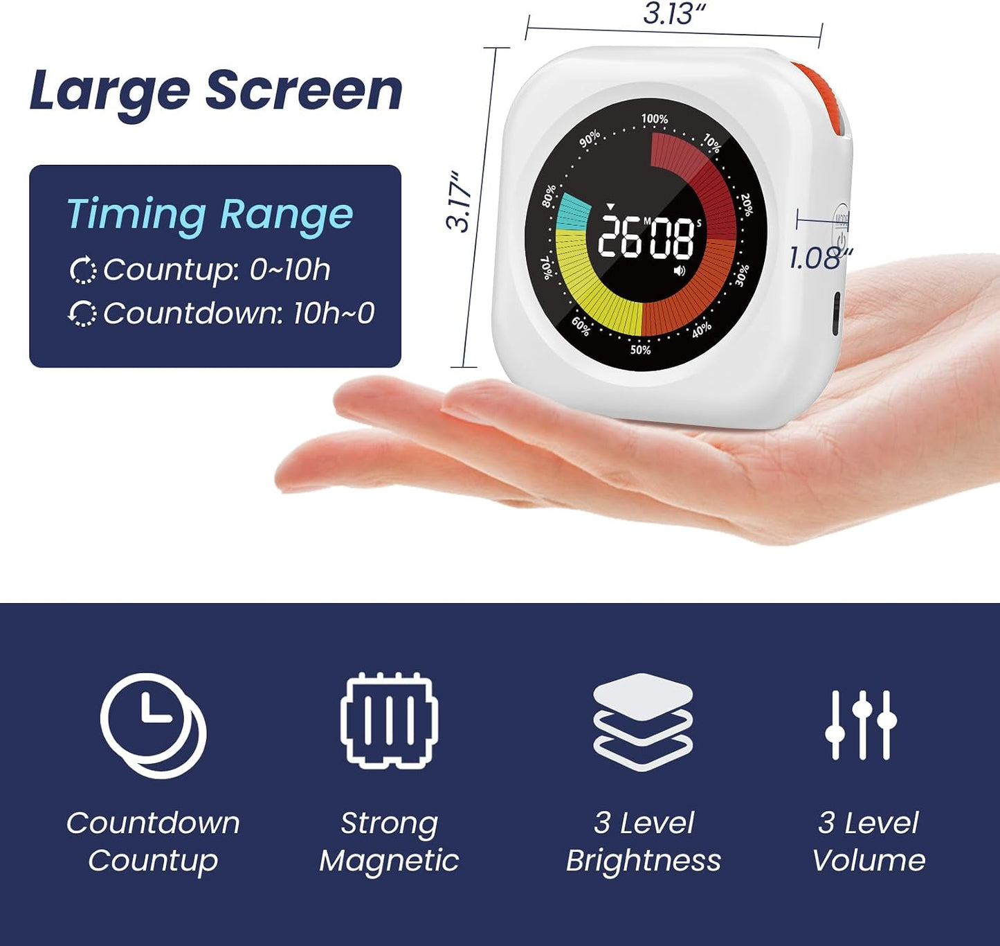 Visual Timer for Kids, Rechargeable 10-Hour Countdown/Up Timer | with 3 Volume Levels, 3 Brightness Display, and Magnetic, Homeschool Study Tool, Large Digital Timers for Classroom, Kitchen