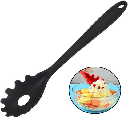 Spaghetti Spoon Pasta Fork,Silicone Pasta Fork,11.2 inch Spaghetti Strainer Kitchen High Heat Resistant Noodle Spoon Server,Food Grade Pasta Spoon with Stainless Steel Handle,BPA Free (Black)