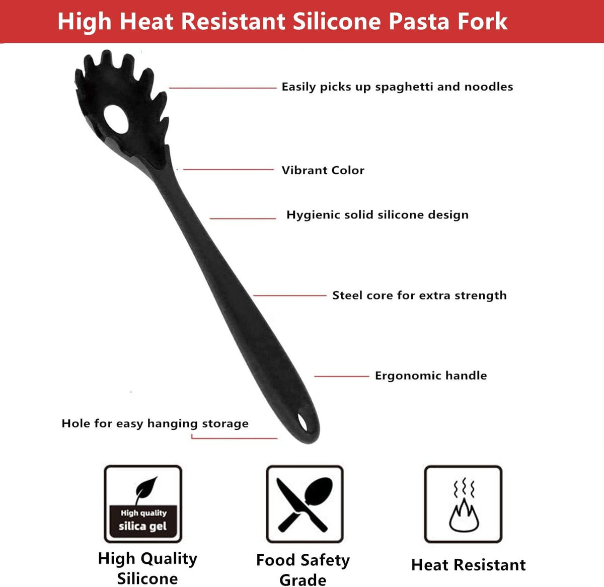 Spaghetti Spoon Pasta Fork,Silicone Pasta Fork,11.2 inch Spaghetti Strainer Kitchen High Heat Resistant Noodle Spoon Server,Food Grade Pasta Spoon with Stainless Steel Handle,BPA Free (Black)