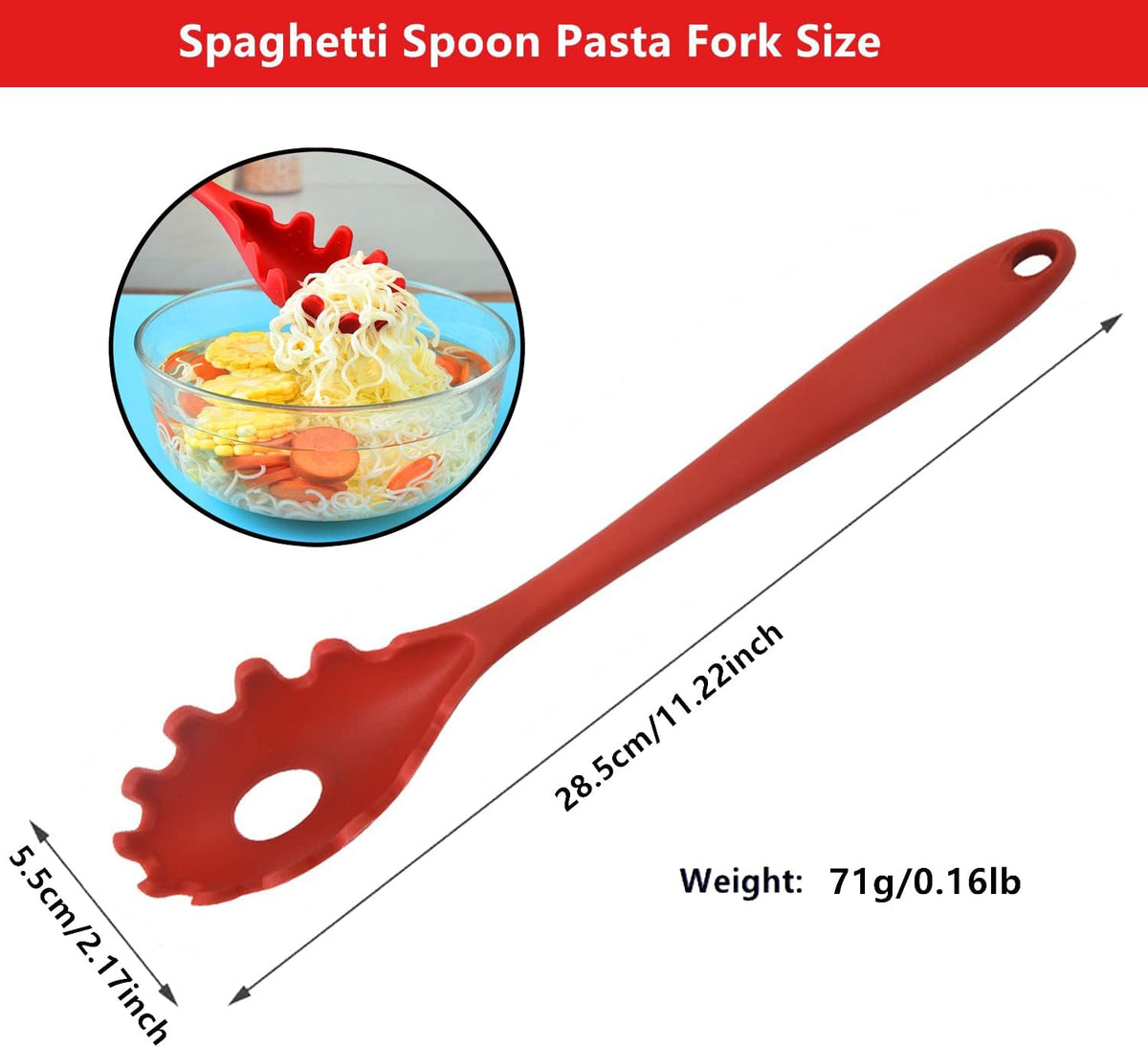Spaghetti Spoon Pasta Fork,Silicone Pasta Fork,11.2 inch Spaghetti Strainer Kitchen High Heat Resistant Noodle Spoon Server,Food Grade Pasta Spoon with Stainless Steel Handle,BPA Free (Black)