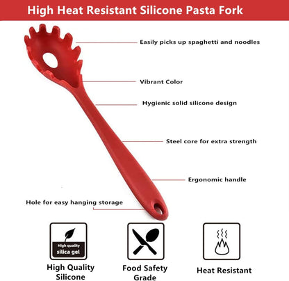 Spaghetti Spoon Pasta Fork,Silicone Pasta Fork,11.2 inch Spaghetti Strainer Kitchen High Heat Resistant Noodle Spoon Server,Food Grade Pasta Spoon with Stainless Steel Handle,BPA Free (Black)