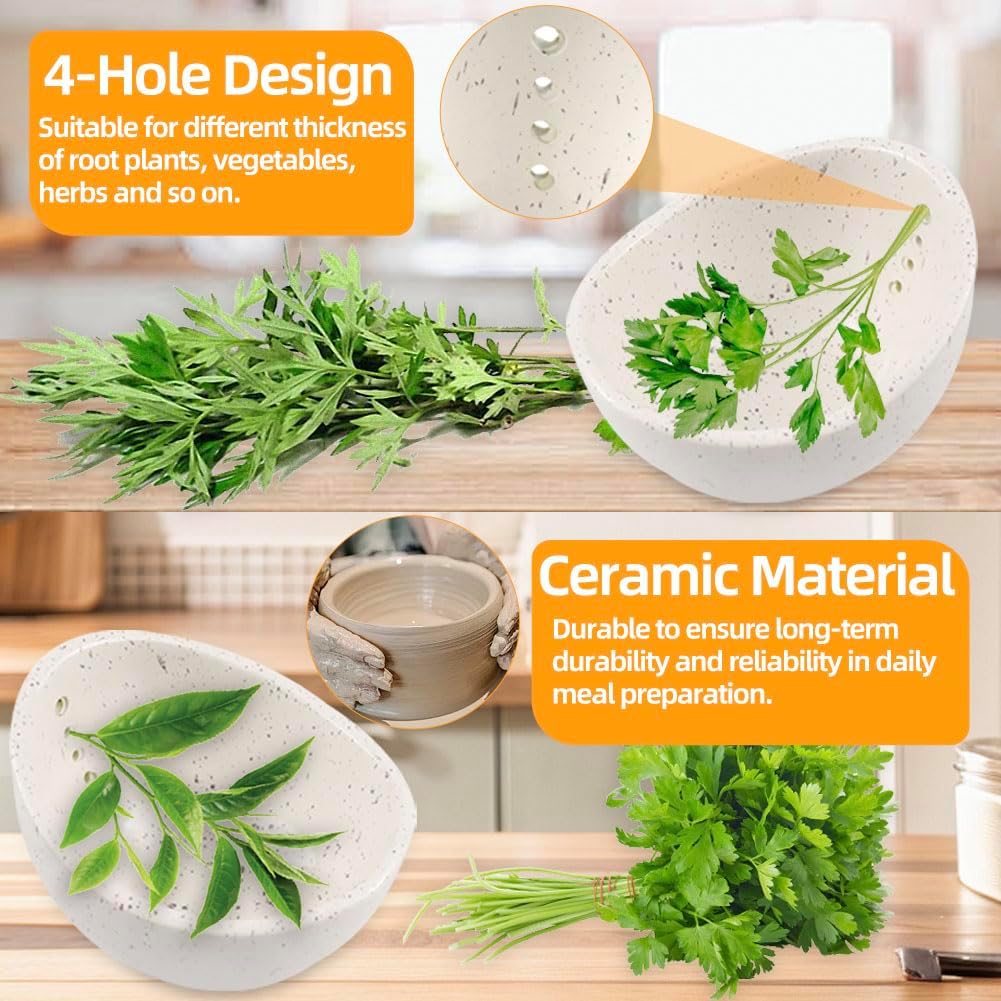 Herb Stripper Bowl with Four Sizes Holes, Herb Stripper, Ceramic Handmade Herb Stripper Tool, Herb Peeler for Kale, Thyme, Basil, Rosemary Separating Leaves and Stems, Graters
