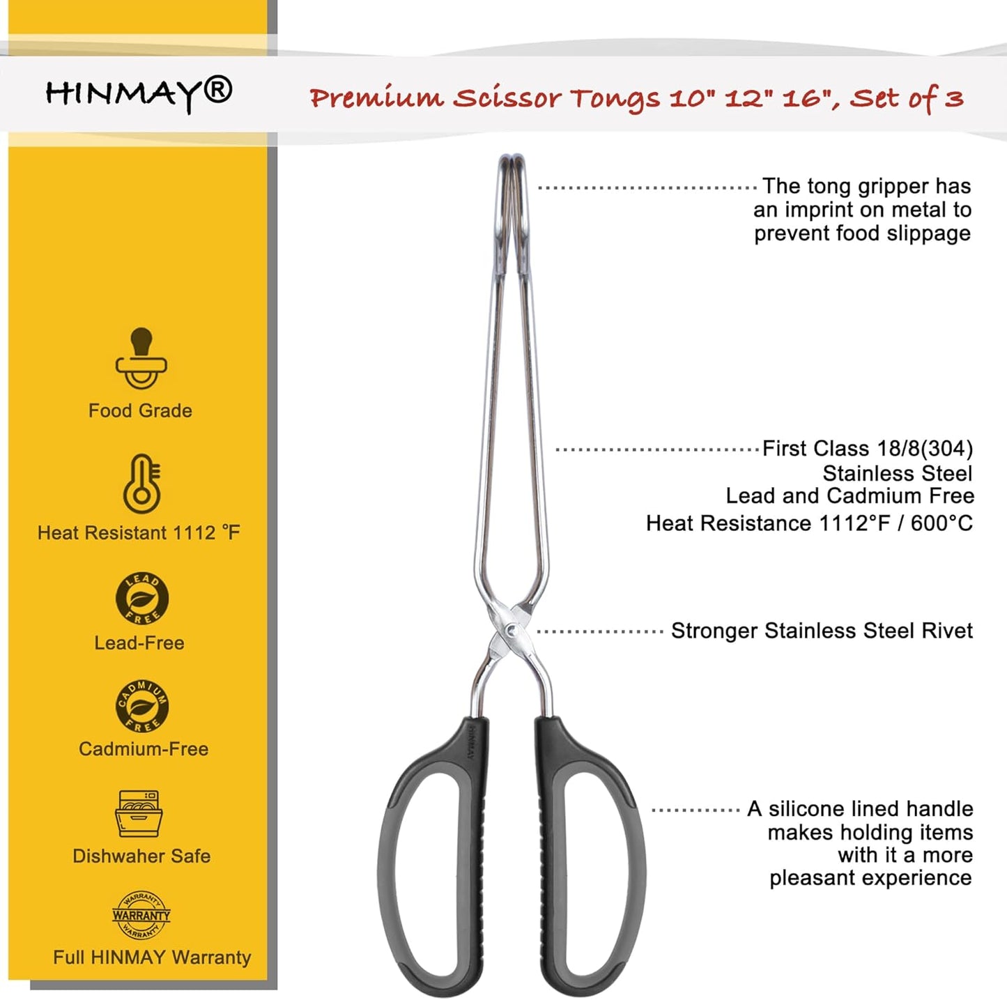 Stainless Steel Scissor Tongs Cooking Tongs Set, Set of 3 (Black Handle, 10" 12" 16") | Black Handle