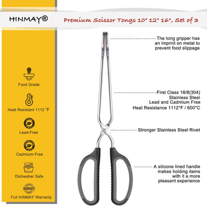Stainless Steel Scissor Tongs Cooking Tongs Set, Set of 3 (Black Handle, 10" 12" 16") | Black Handle