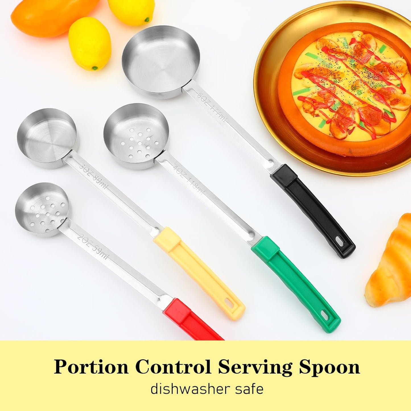 8PCS Portion Control Serving Spoons, 2, 3, 4, 6oz Solid and Slotted Stainless Steel Ladle Spoon for Food Serving Buffet, Spoodle Diet Food Measuring Portion Utensils Control Scoop (4 Colors)