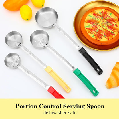 8PCS Portion Control Serving Spoons, 2, 3, 4, 6oz Solid and Slotted Stainless Steel Ladle Spoon for Food Serving Buffet, Spoodle Diet Food Measuring Portion Utensils Control Scoop (4 Colors)