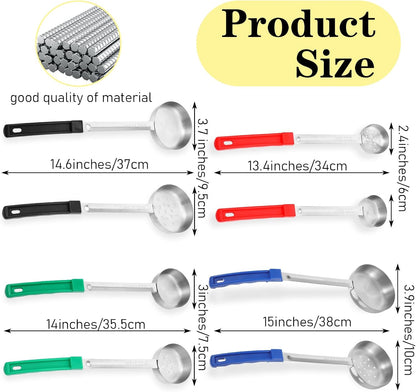 8PCS Portion Control Serving Spoons, 2, 3, 4, 6oz Solid and Slotted Stainless Steel Ladle Spoon for Food Serving Buffet, Spoodle Diet Food Measuring Portion Utensils Control Scoop (4 Colors)