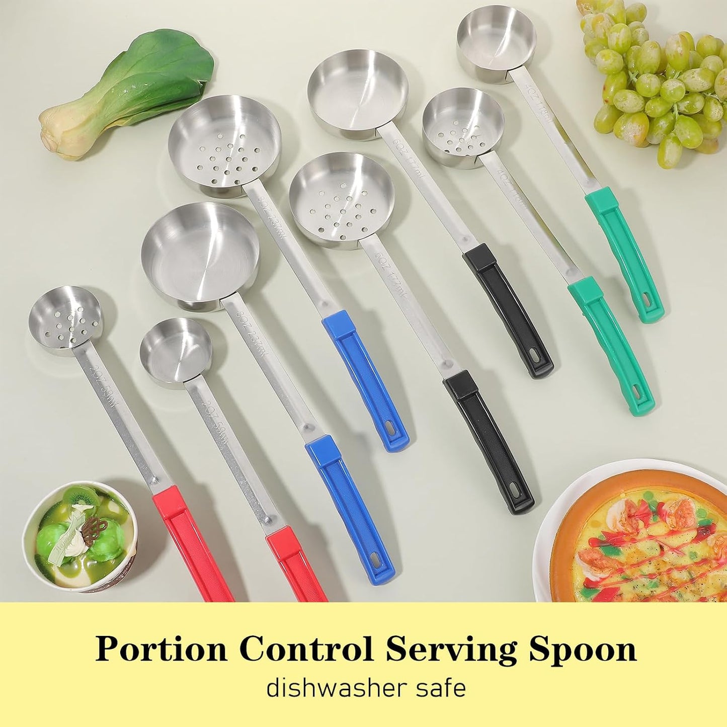 8PCS Portion Control Serving Spoons, 2, 3, 4, 6oz Solid and Slotted Stainless Steel Ladle Spoon for Food Serving Buffet, Spoodle Diet Food Measuring Portion Utensils Control Scoop (4 Colors)