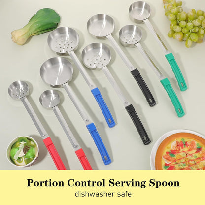 8PCS Portion Control Serving Spoons, 2, 3, 4, 6oz Solid and Slotted Stainless Steel Ladle Spoon for Food Serving Buffet, Spoodle Diet Food Measuring Portion Utensils Control Scoop (4 Colors)