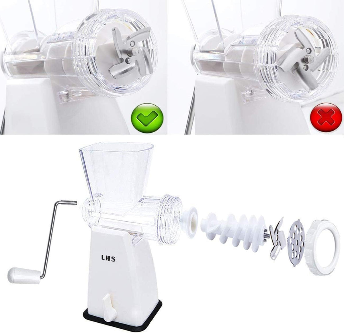 Manual Meat Grinder with Stainless Steel Blades Heavy Duty Powerful Suction Base for Home Use Fast and Effortless for All Meats-White