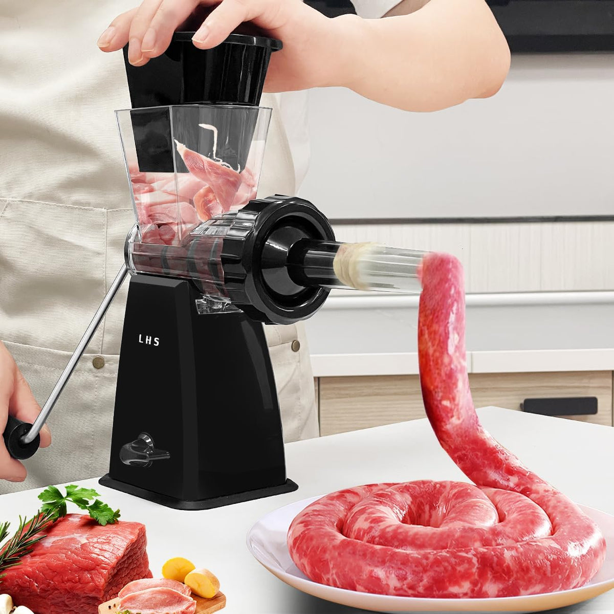 Manual Meat Grinder with Stainless Steel Blades Heavy Duty Powerful Suction Base for Home Use Fast and Effortless for All Meats-White