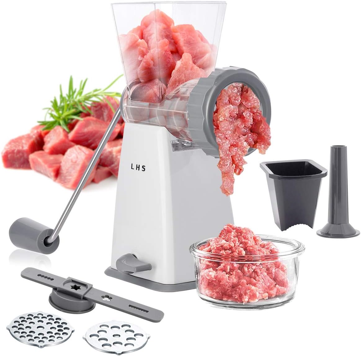 Manual Meat Grinder with Stainless Steel Blades Heavy Duty Powerful Suction Base for Home Use Fast and Effortless for All Meats-White