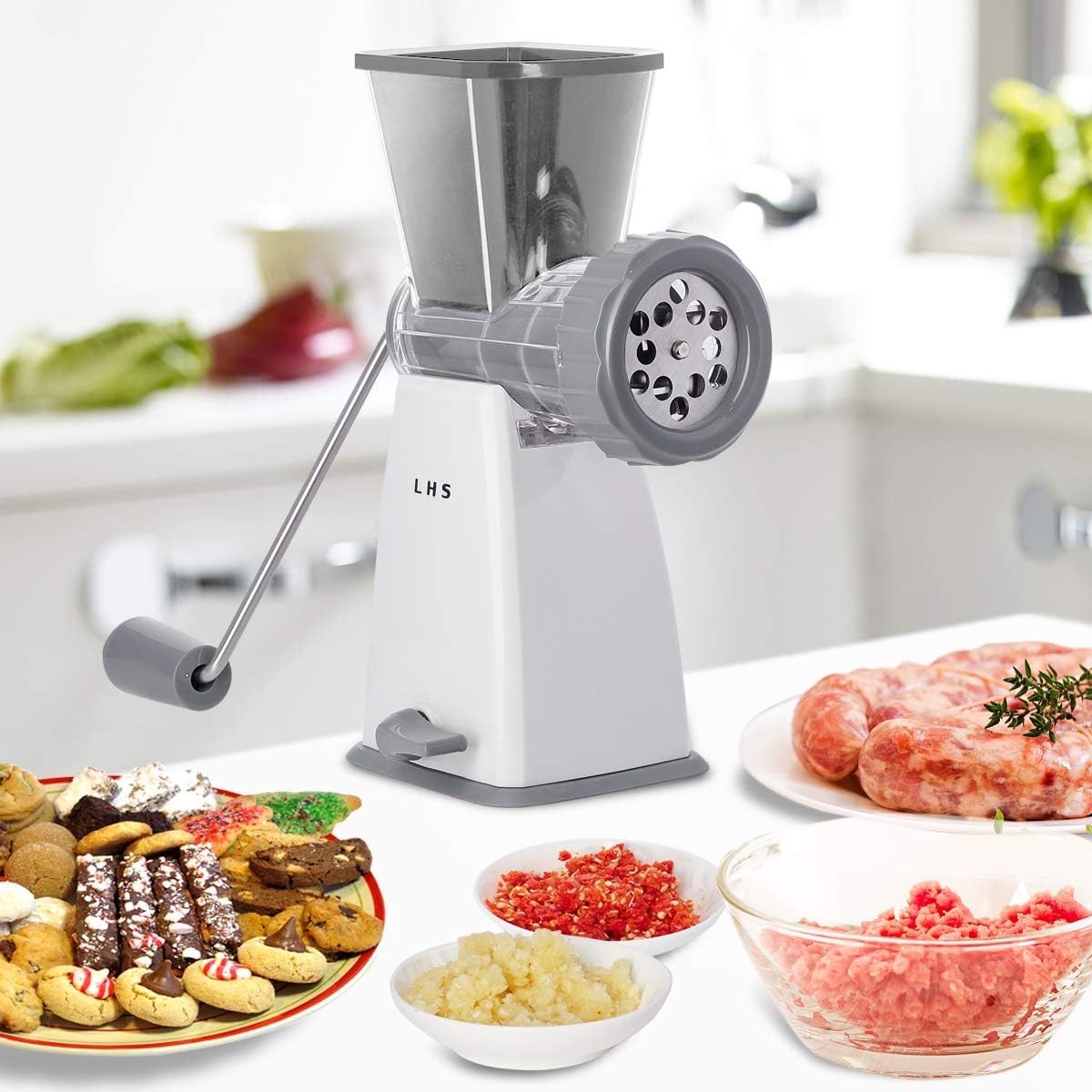 Manual Meat Grinder with Stainless Steel Blades Heavy Duty Powerful Suction Base for Home Use Fast and Effortless for All Meats-White