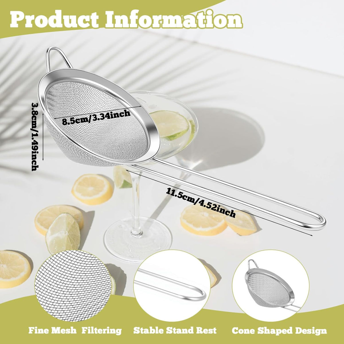 10 Pack Stainless Steel Cocktail Strainer,5 Pcs Cone Shaped Small Fine Mesh Strainer Sieve and 5 Pcs 4-Prong Bar Drink Strainer for Bartender Juice Tea Coffee