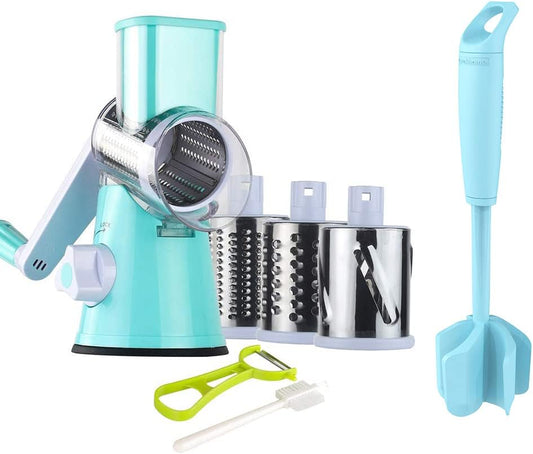 Rotary Cheese Grater Shredder and Hamburger Meat Chopper Stirrer, Round Food Slicer with 3 Drum Blades and Ground Beef Meat Breaker with Heat Resistant 5 Curved Blades