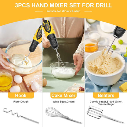 homicozy 3-Piece Stainless Steel Hand Mixer Attachment Set - Whisk, Dough Hook, Egg Beater for Drills - Dishwasher Safe, 9.8 Inch (Drill Not Included) (9.8inch)