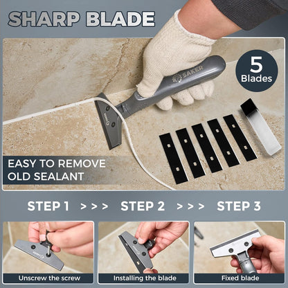 Silicone Caulking Tool 3-in-1 Grout Removal Tool and Sealant Finishing Scraper with Stainless Steelhead, Caulk Remover and Seam Repair Kit for Bathroom, Kitchen, Floor, Window and Sink Joints