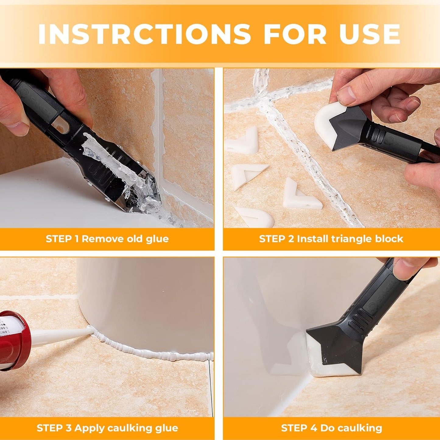 Silicone Caulking Tool 3-in-1 Grout Removal Tool and Sealant Finishing Scraper with Stainless Steelhead, Caulk Remover and Seam Repair Kit for Bathroom, Kitchen, Floor, Window and Sink Joints
