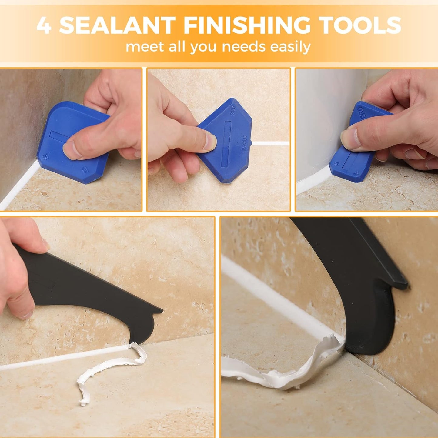 Silicone Caulking Tool 3-in-1 Grout Removal Tool and Sealant Finishing Scraper with Stainless Steelhead, Caulk Remover and Seam Repair Kit for Bathroom, Kitchen, Floor, Window and Sink Joints