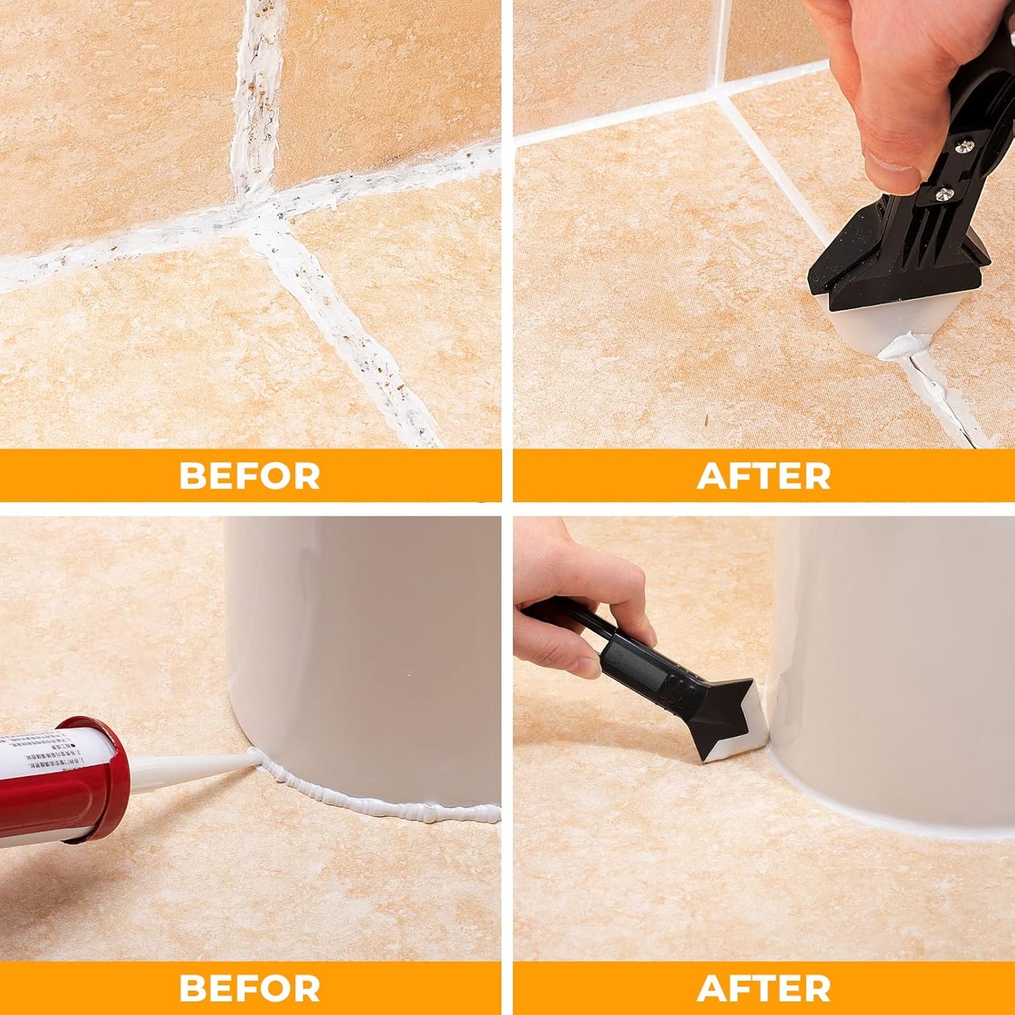 Silicone Caulking Tool 3-in-1 Grout Removal Tool and Sealant Finishing Scraper with Stainless Steelhead, Caulk Remover and Seam Repair Kit for Bathroom, Kitchen, Floor, Window and Sink Joints